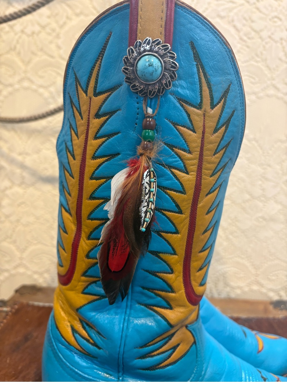 Hand Painted TonyLama Turquoise and Yellow Western Feathered Cowboy Boots size 8 - Picture 9 of 16